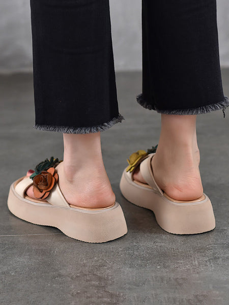Women Summer Platform Spliced Flower Leather Slippers FashionChic