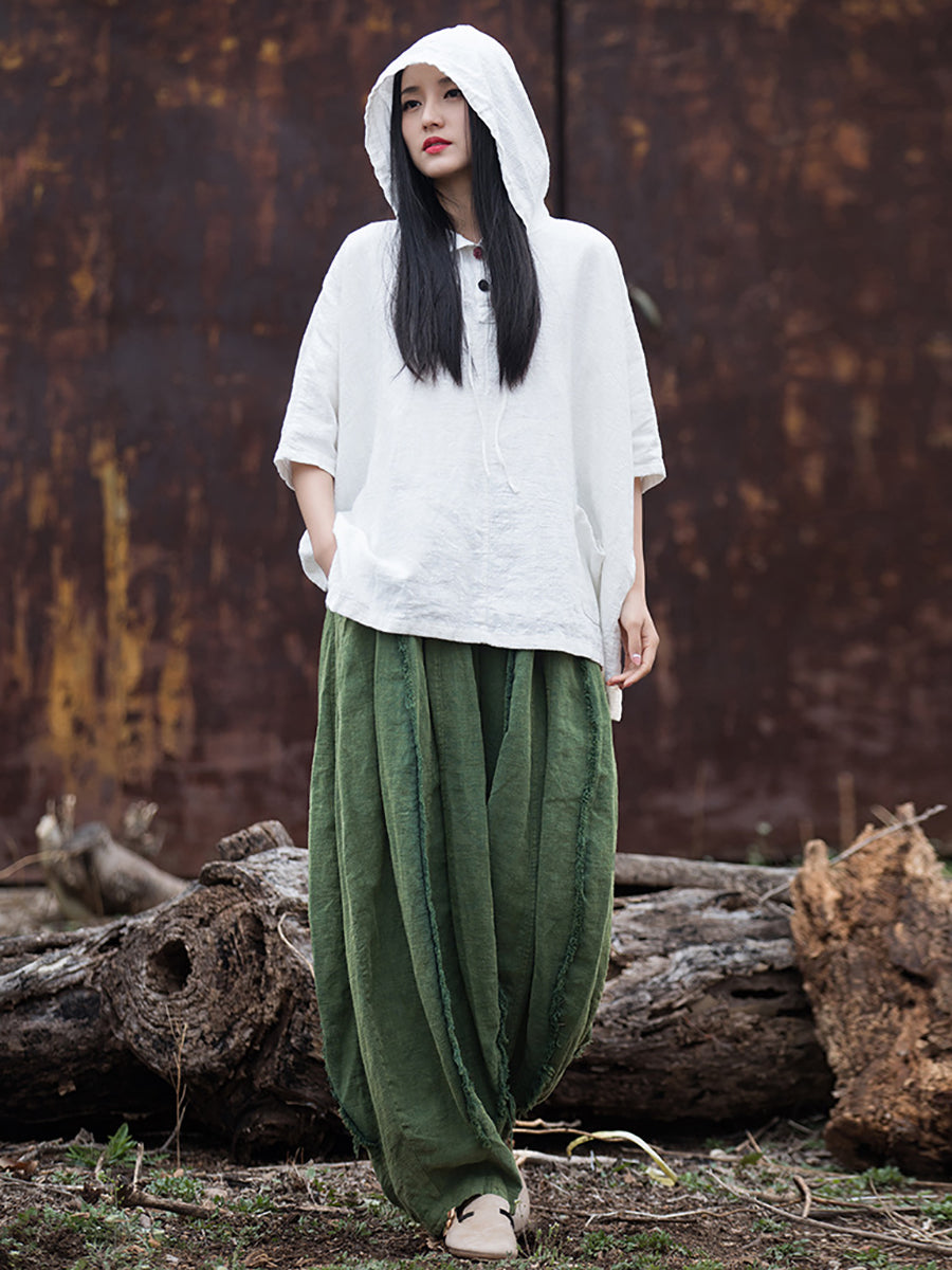 Women Summer Retro Solid Loose Hooded Ramie Shirt CC045 BXF