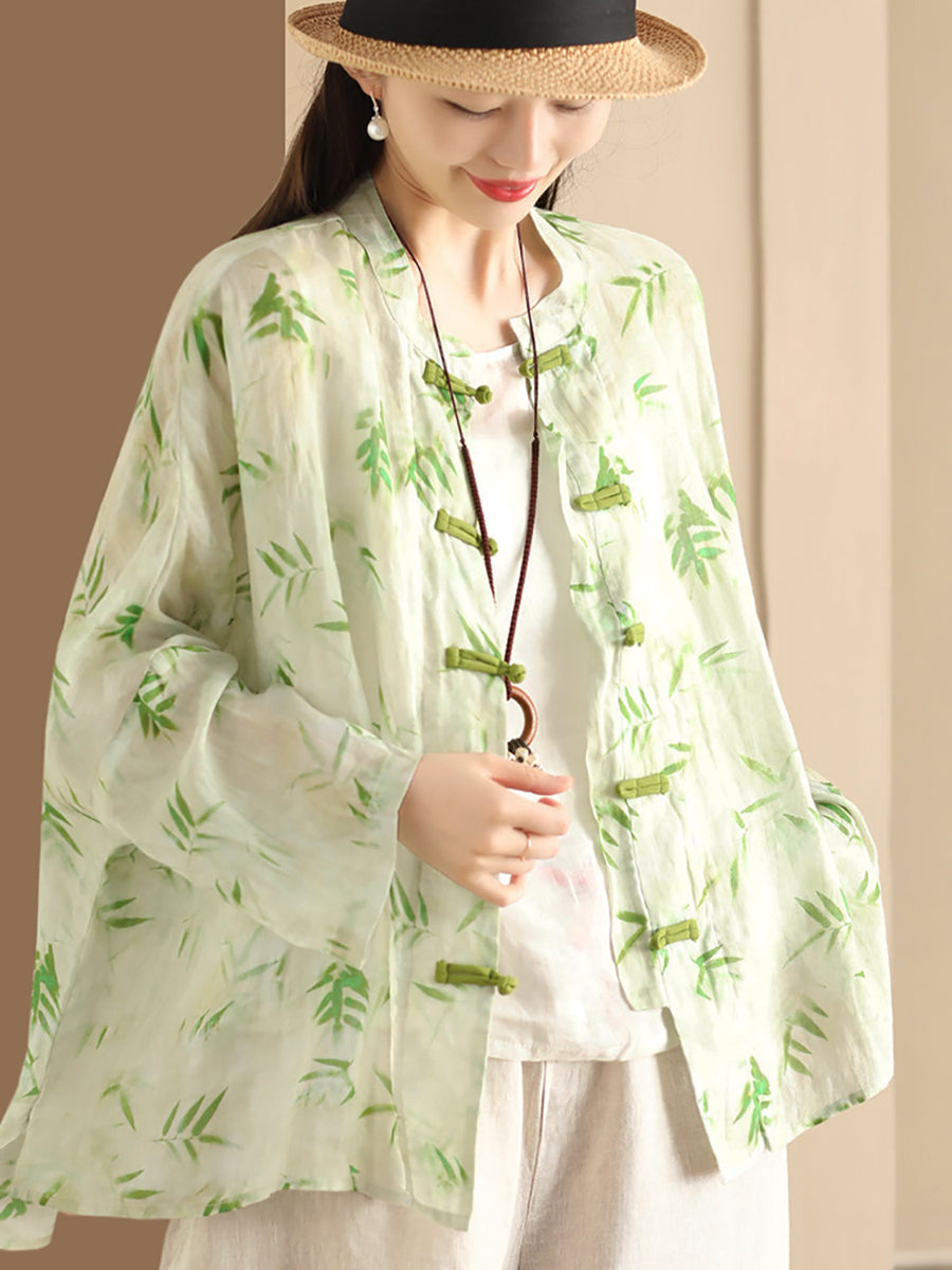 Women Summer Artsy Flower Button-Up Ramie Shirt HH016 ZMMM
