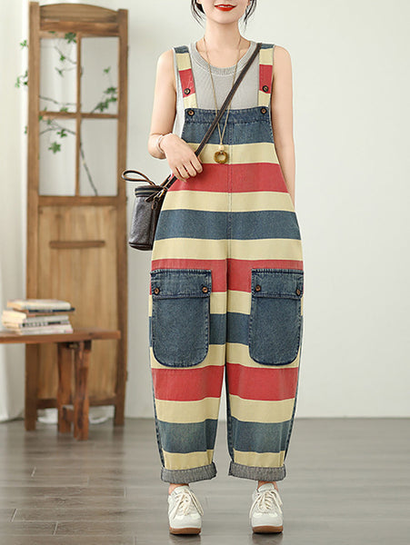 Summer Colorblock Women Loose Denim Stripe Jumpsuits FashionChic