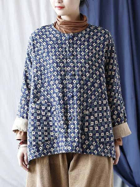 Women Artsy Retro Plaid Spliced Batwing Sleeve Coat AT1077 XIM