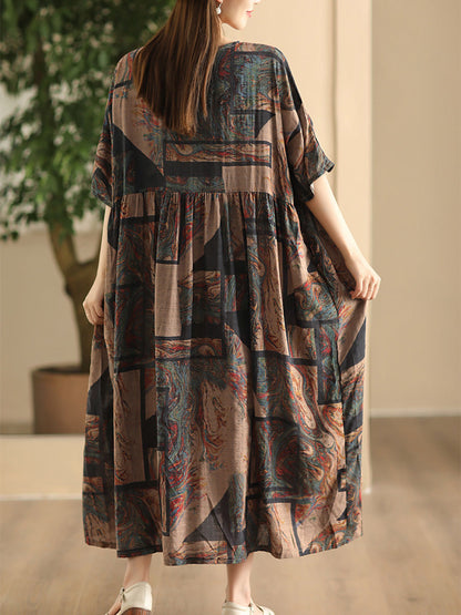 Women Summer Vintage Flower Linen Loose Dress FD043 QJH