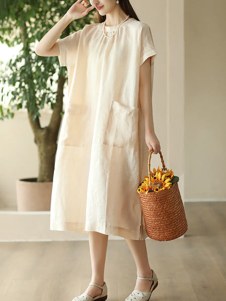 Women Summer Casual Solid Pocket O-Neck Linen Dress FD002 ZMMM