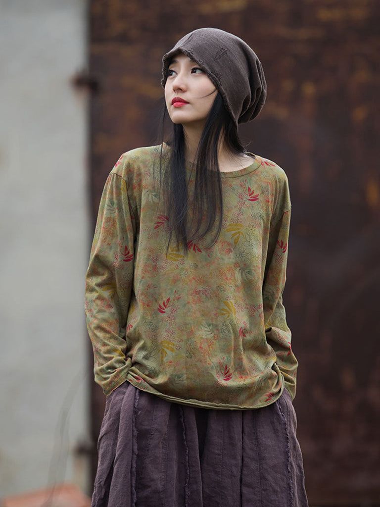 Women Vintage Autumn O-Neck Flower Cotton Blouse AT1008 BUYKUD