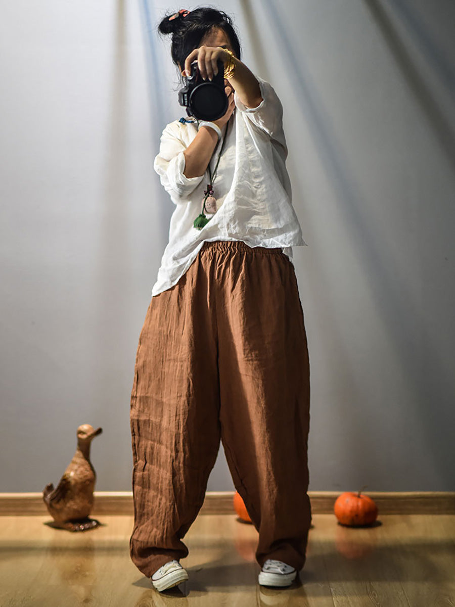 Women Vintage Spring Linen Solid Harem Pants FD040 QTMM