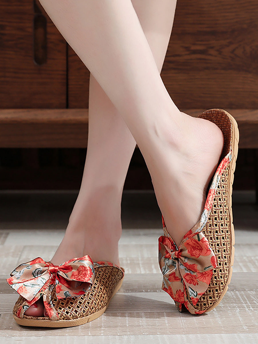 Bowknot Ethnic Weave Women Indoor Slippers Straw Flower FashionChic