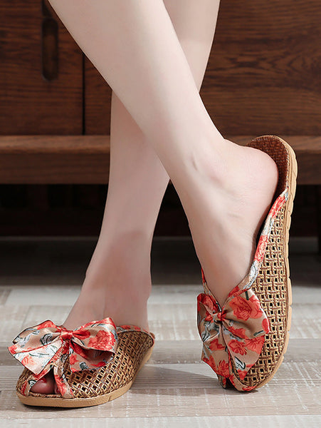 Bowknot Ethnic Weave Women Indoor Slippers Straw Flower FashionChic