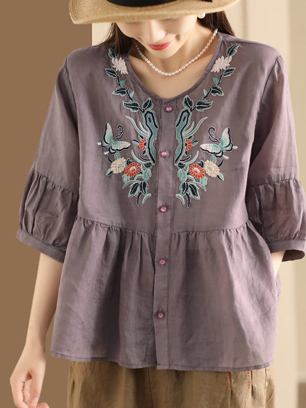 Women Ethnic Flower Embroidery Summer Ramie Shirt QW1015 Ada Fashion