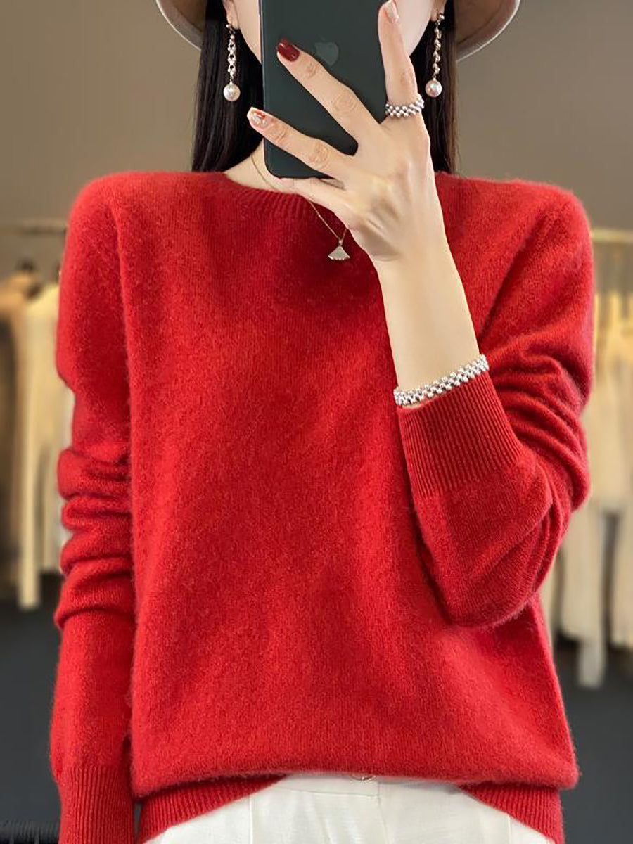 Women Autumn Solid Knit 100%Wool O-Neck Sweater WU023 BK