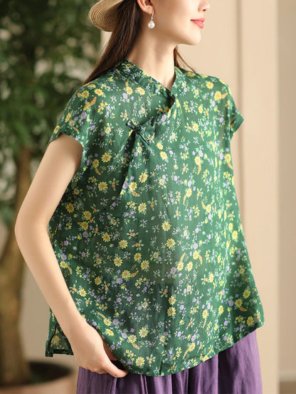 Women Summer Vintage Floral Stand Collar Ramie Shirt FD045 BUYKUD