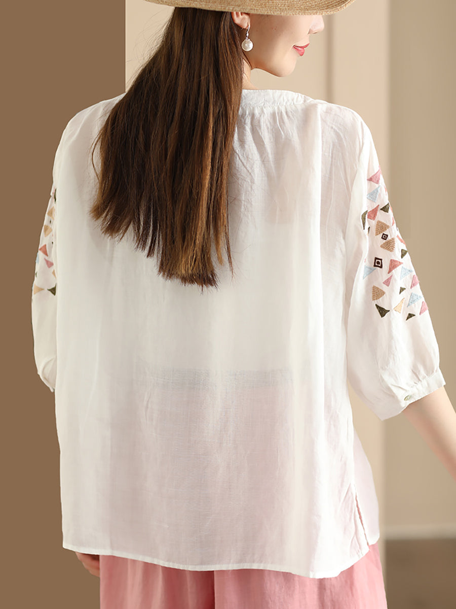 Women Summer Vintage Embroidery O-Neck Ramie Shirt OP1042 BUYKUD