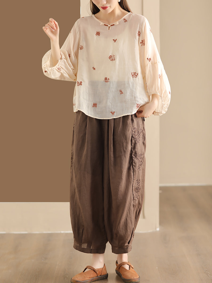 Women Summer Vintage Flower Embroidery Ramie Shirt AA1042 Ada Fashion