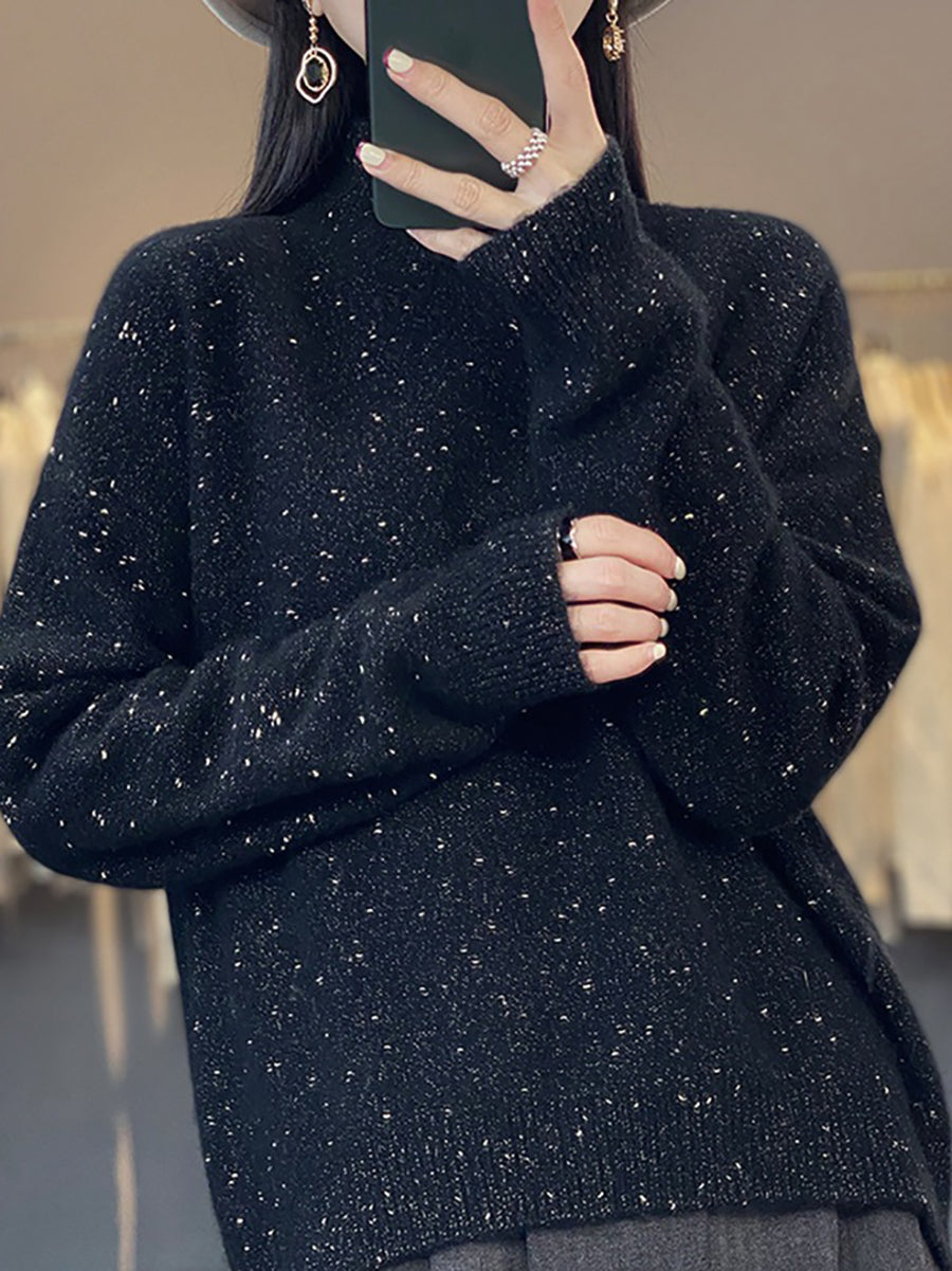 Women Autumn Knit 100%Wool Half-Turtleneck Sweater WU009 BK