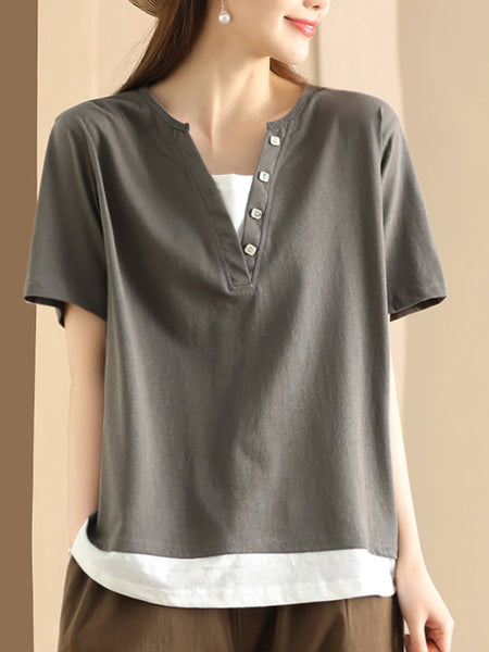 Women Casual Colorblock Pullover V-Neck Cotton Shirt AS1001 Ada Fashion