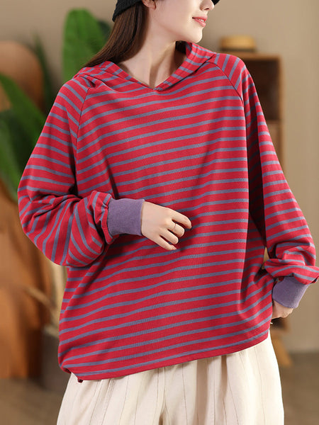 Women Casual Autumn Stripe Colorblock Hooded Sweatshirt AI1025 ZMMM