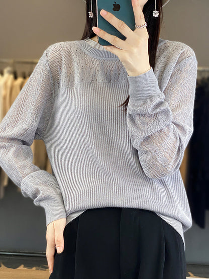 Women Autumn Solid Lace Knit Sweater QM030 BK