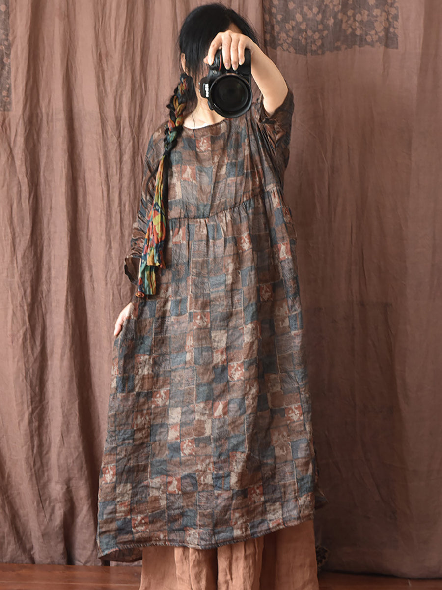 Women Summer Vintage Floral Plaid Loose Ramie Dress OP1008 QYMM