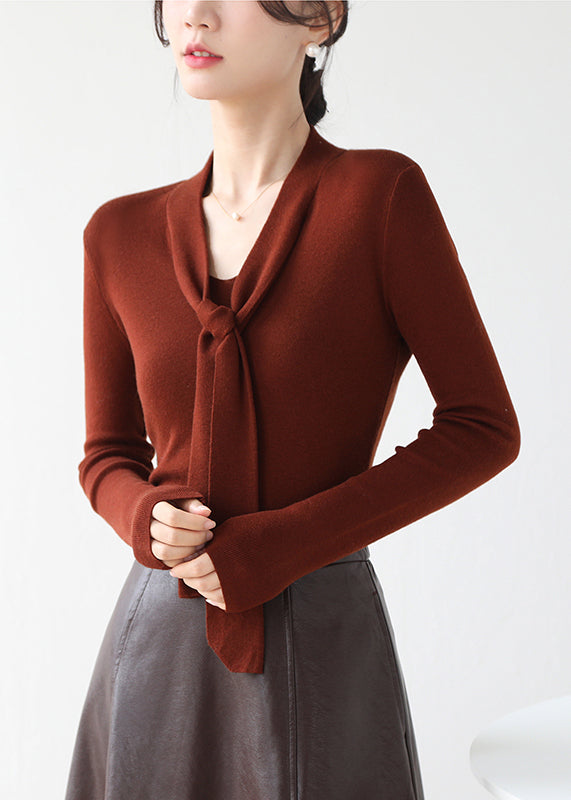 Fine Brown V Neck Lace Up Knit Sweater Fall Winter RV030 ABC