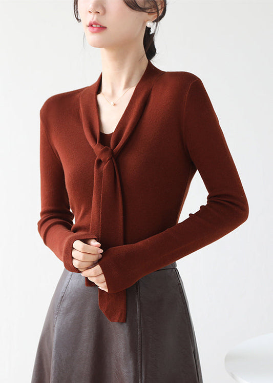 Fine Brown V Neck Lace Up Knit Sweater Fall Winter RV030 ABC