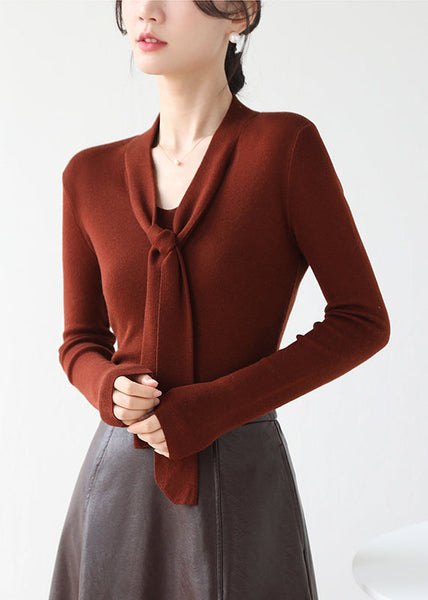 Fine Brown V Neck Lace Up Knit Sweater Fall Winter RV030 ABC