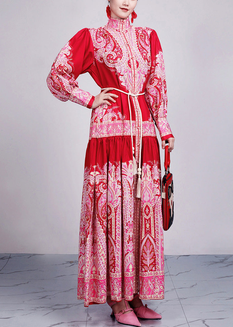 New Red Print Tie Waist Cotton Long Dresses Long Sleeve AR1035 JDML-240823