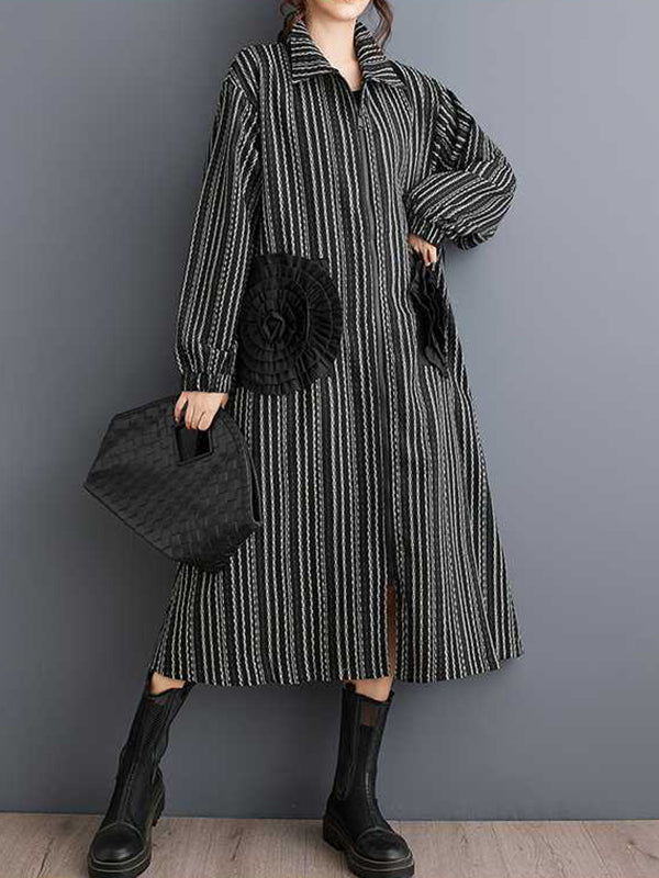 Design Black Lapel Flower Pockets Striped Long Sleeves Zip-up Dress WS010 shopify