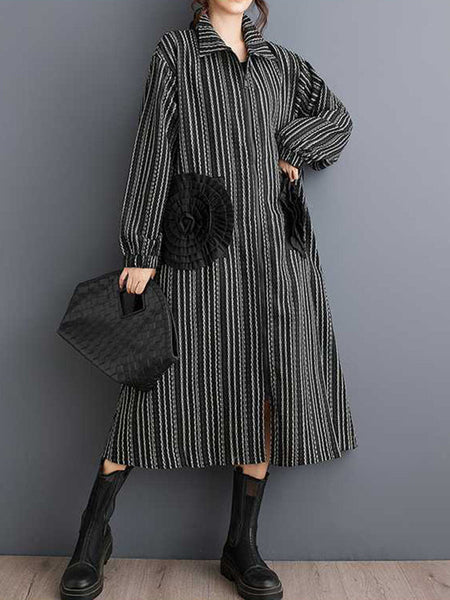 Design Black Lapel Flower Pockets Striped Long Sleeves Zip-up Dress WS010 shopify