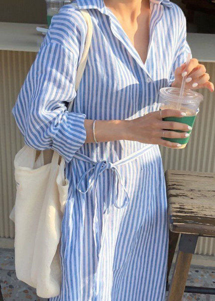 Pan Peter Dress Spring Modern Shirts Blue Collar Striped Cotton FashionChic