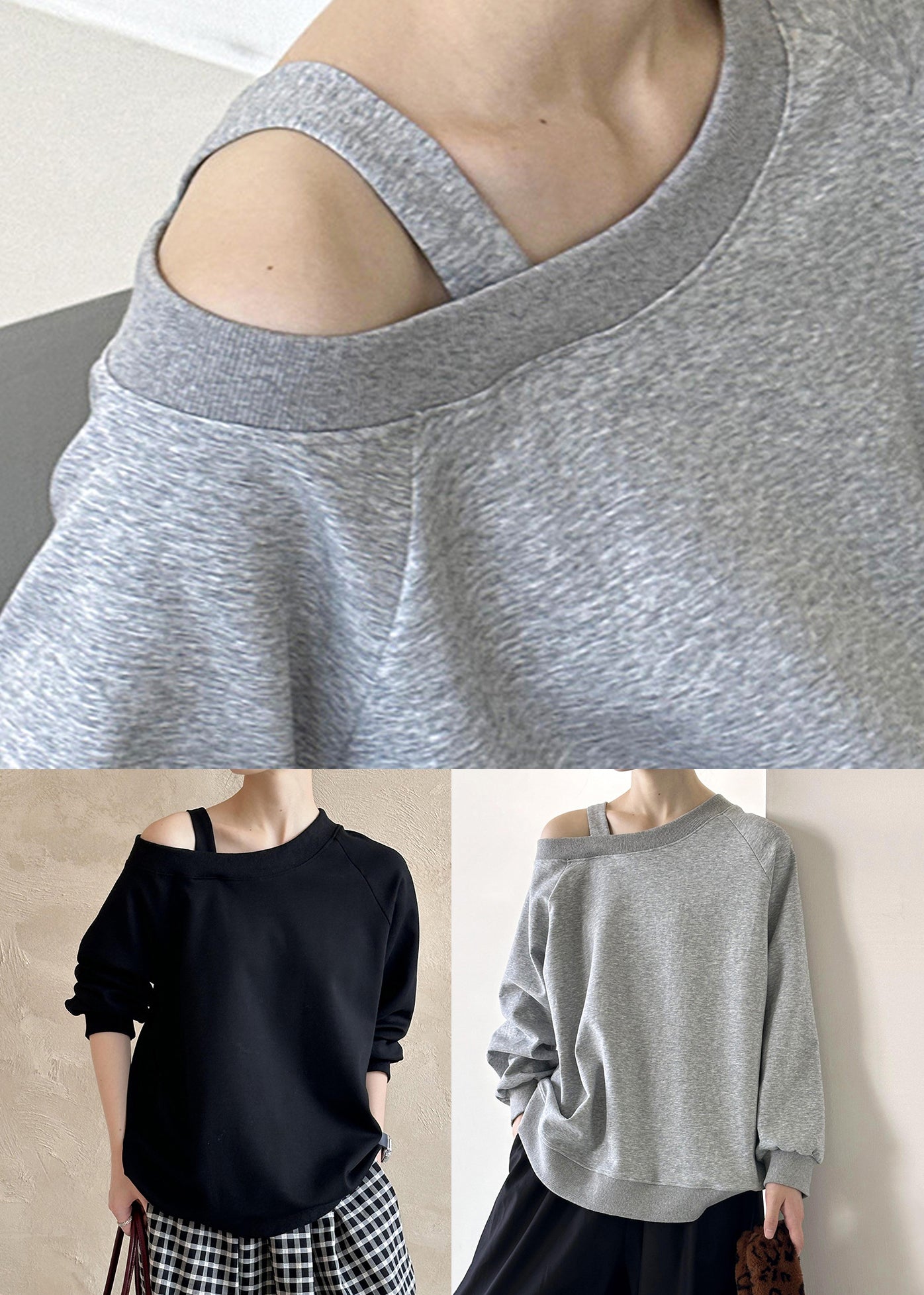 Grey Solid Cotton Top Asymmetrical Long Sleeve AF1078 HS-LTP240914