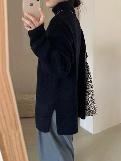 Simple Blue High Neck Split-Side Long Sleeve Sweater QX013 shopify