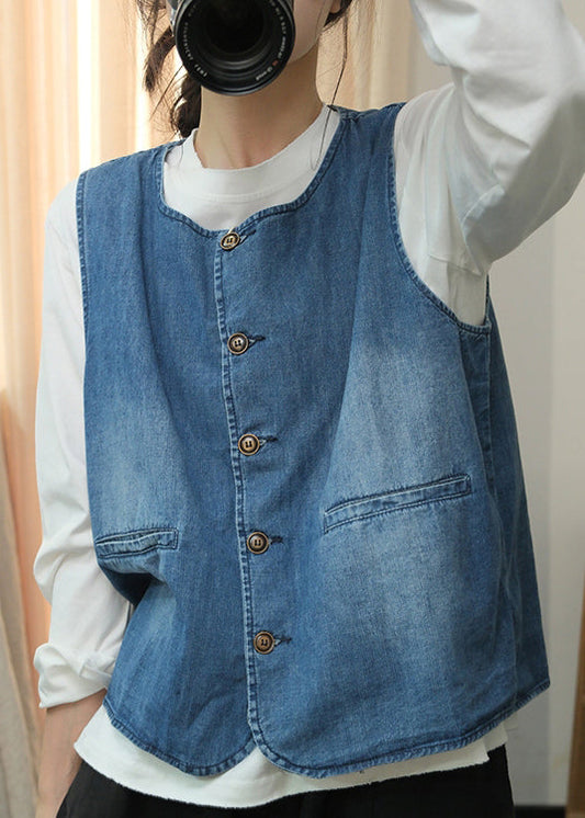 Natural Blue O Neck Button Denim Vest Sleeveless QC004 shopify