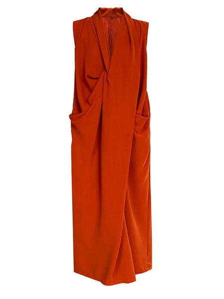 Pockets with Draped Sleeveless Dress Elegant Midi FashionChic