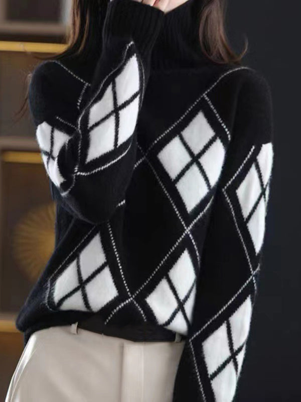 Casual Red High-Neck Contrast Color Plaid Long Sleeves Sweater QX014 shopify