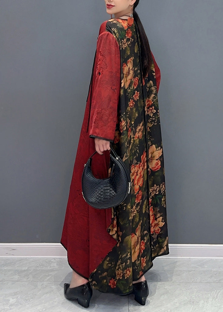 Chinese Style Red O-Neck Patchwork Holiday Silk Long Dress Long Sleeve AO1057 JDML-FDL240909