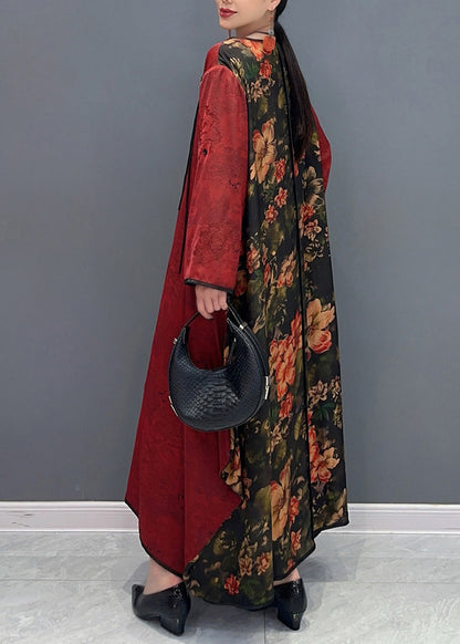 Chinese Style Red O-Neck Patchwork Holiday Silk Long Dress Long Sleeve AO1057 JDML-FDL240909