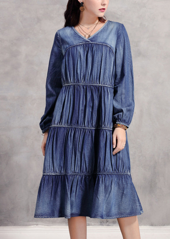 Casual Blue V Neck Wrinkled Patchwork Denim Long Dress Long Sleeve NN018 shopify