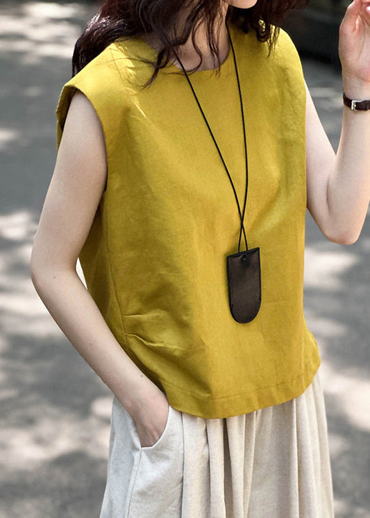 Simple Yellow O Neck Solid Linen Top Sleeveless AF1016 HS-STP240914