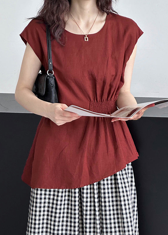 Women Red O Neck Solid Cotton Tops Summer AF1001 HS-STP240914