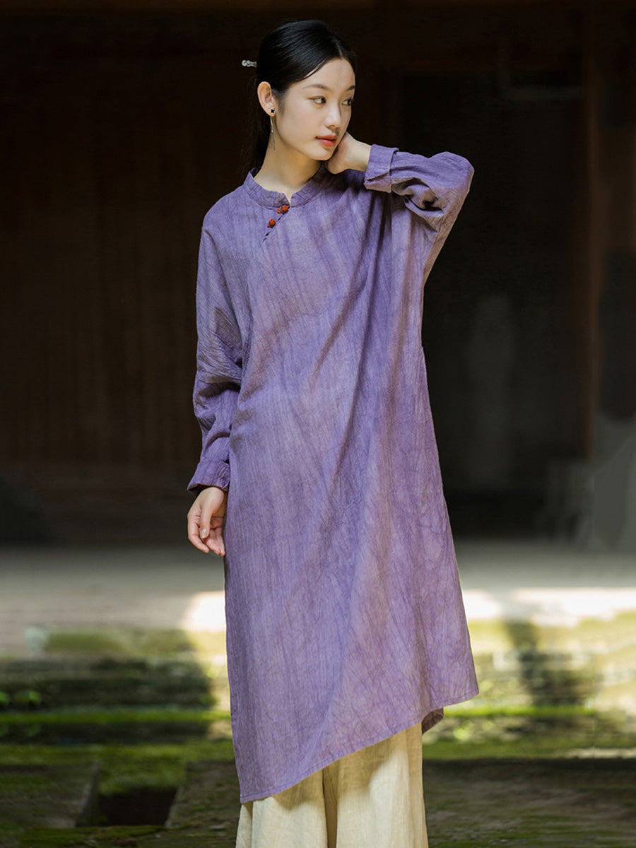 Women Autumn Vintage Tie-dye Ramie Robe Dress BA1042 Genistyle Shop