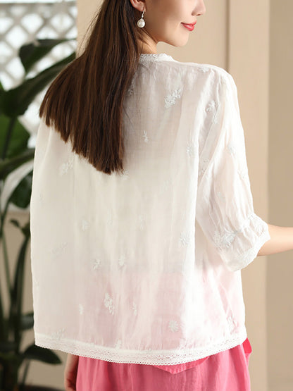 Women Summer Vintage Embroidery Button-up Ramie Shirt CX007 ZMMM