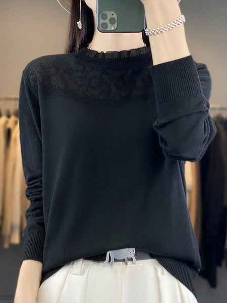 Women Autumn Lacework Neck 100%Wool Loose Sweater QM020 BK