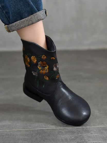 Women Vintage Flower Embroidery Leather Low Heel Boots AX1050 Genistyle Shop