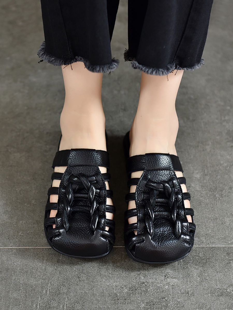 Women Summer Solid Leather Spliced Flat Slippers BN1002 Ada Fashion