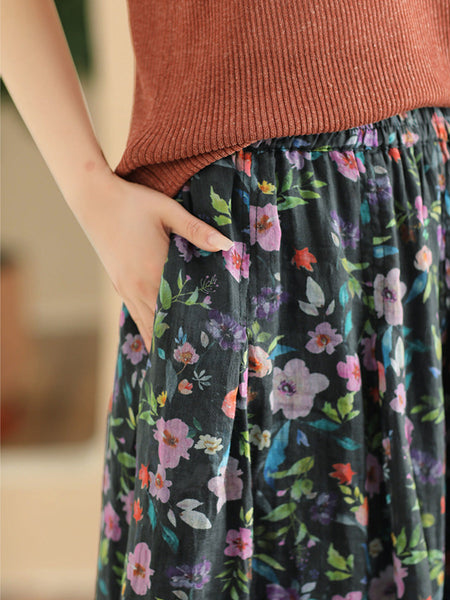 Women Artsy Summer Flower Ramie A-shape Skirt CO1025 Ada Fashion