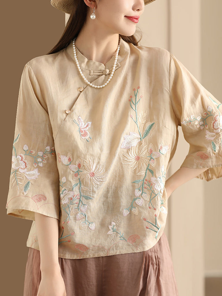 Women Vintage Floral Embroidery Ramie Stand Collar Shirt WE1038 Ada Fashion