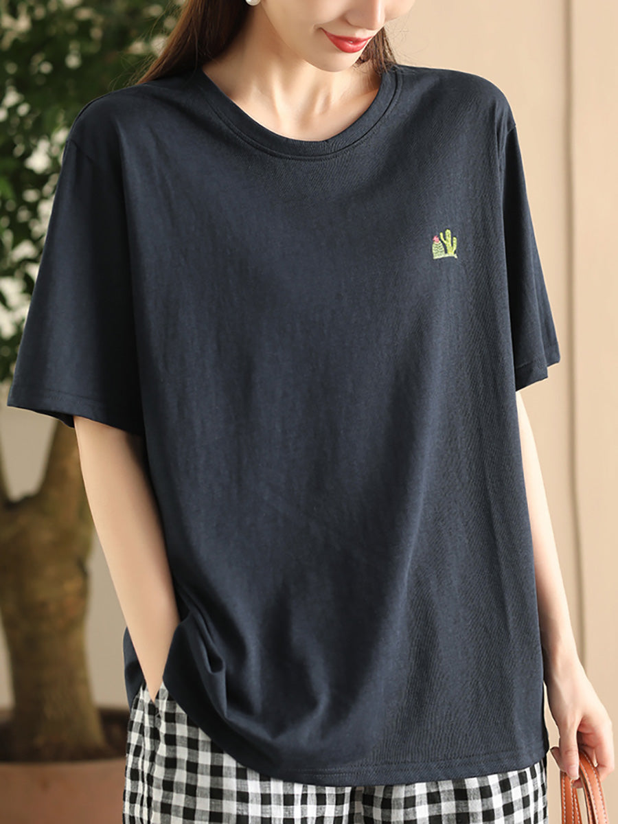 Women Summer Casual Solid Embroidery O-Neck Cotton Shirt CX060 JPFS