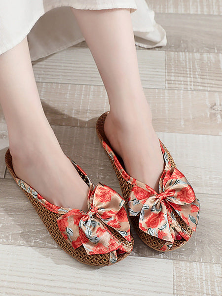 Bowknot Ethnic Weave Women Indoor Slippers Straw Flower FashionChic