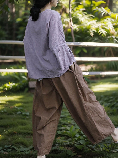 Women Spring Vintage Purple Drawstring Cotton Shirt SC1018 Ada Fashion