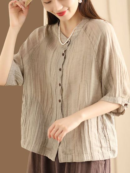 Women Summer Retro Solid Linen Button-up Shirt XX1012 Ada Fashion