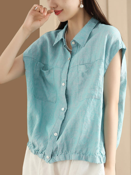 Women Summer Casual Plaid Button-up Linen Shirt HH013 BUYKUD